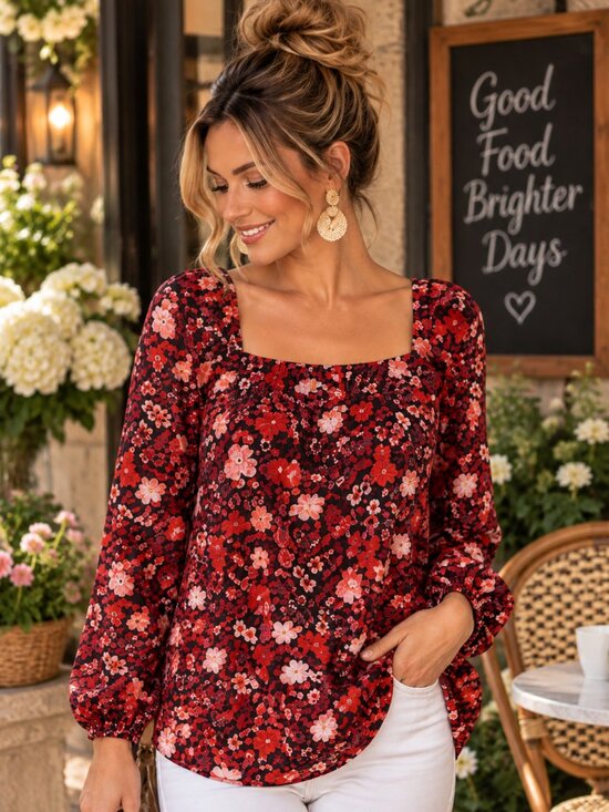 Draper James Tops - Draper James L Red Floral Square Neck Blouse Romantic Cottagecore Top